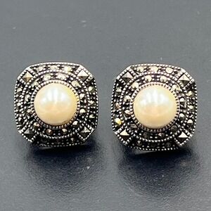 Judith Jack 925 Silver‎ Vintage Pearl & Marcasite Omega Back Earrings